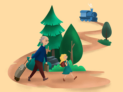 Summer trip) girl grandfather illustration summer train tree trip vector wood