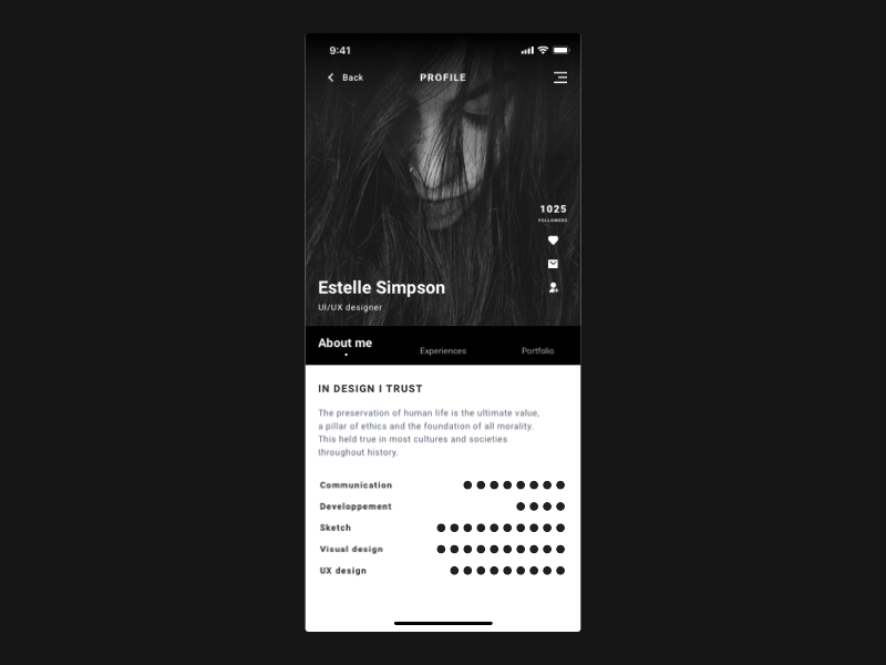 Daily_006 006 animation black white dailyui design interaction mobile app portfolio service ui user experience user interface user profile