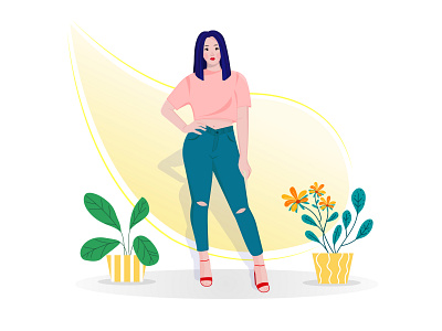 Girl Standing with Hand on Her Hip art background character character design colors design fashion female female character floral flowers girl human illustration plant planting plants style woman yellow