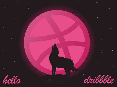 Hello Dribbble! debut dribble first shot hello illustration night planet stars universe wolf