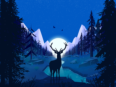 Forest night deer forest illustration moon mountain river
