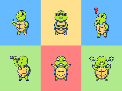 6 Cute Turtles characters design flat icon illustration logo mascot sticker vector