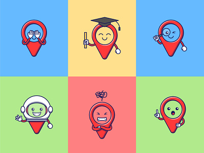 6 Cute Map Pin Mascot character cute design flat icon illustration logo mascot sticker vector