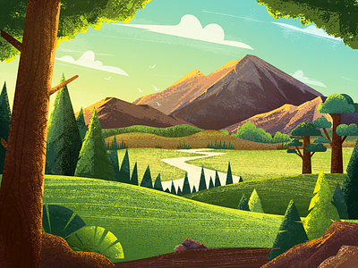 Hi~2019 forest green mountain scenery 动画片 卡通设计 向量 插图 设计
