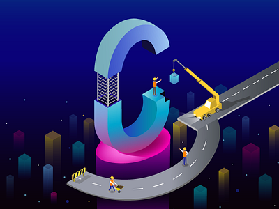 C for Construction construction digital art illustration isometric neon night