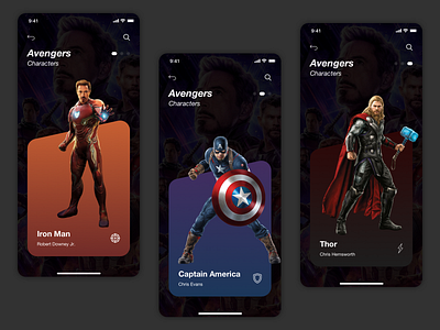 Avengers - Characters avengers avengersendgame captain america characters iron man profile thor uidesigner uiux ux ui ux designer