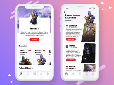 Marvel Characters apps avengers card clean design gradient info card ios iphone x app marvel marvelcomics mobile profile card profile cover profile design profile image the avengers uiux