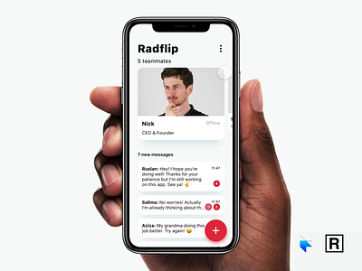 Radflip Chat App | Menu and Floating button animation app design burger menu canvas cards chat floating button interactiondesign interface ios light mobile prototype uianimation uiuxdesign