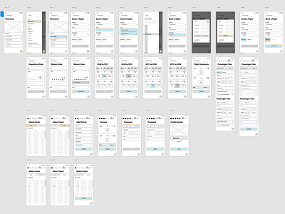 Wireframes for a flight booking system on mobile