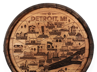 Engraved Detroit Map barrel bourbon city detroit illlustration laser engrave map motor wood