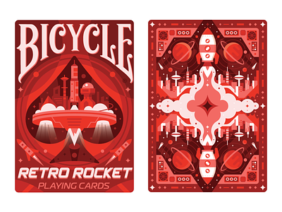 Really Rad Retro Rockets astronaut bicycle card collection color deck design illustration magic nasa playing red rocket science space spaceship vector