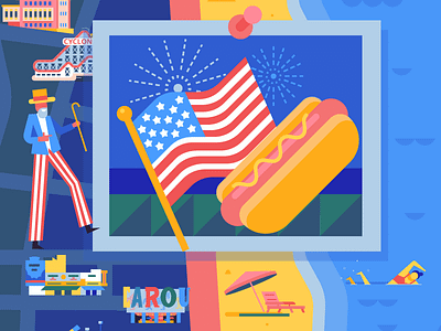 Nathans Famous 4thofjuly beach color coneyisland hotdog icon illustration map vector