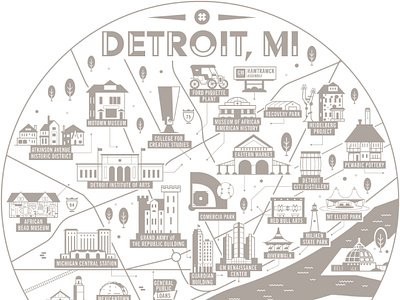 Detroit Landmarks architecture city detroit icon illustration landmark map michican motor vector