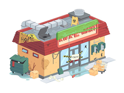 The Simpsons Kwik-E-Mart during a coronavirus pandemic. 2d 3d building city color coronavirus design house illustration isometric isometry madrabbit market pandemic shop simpsons stay home stayhome vector