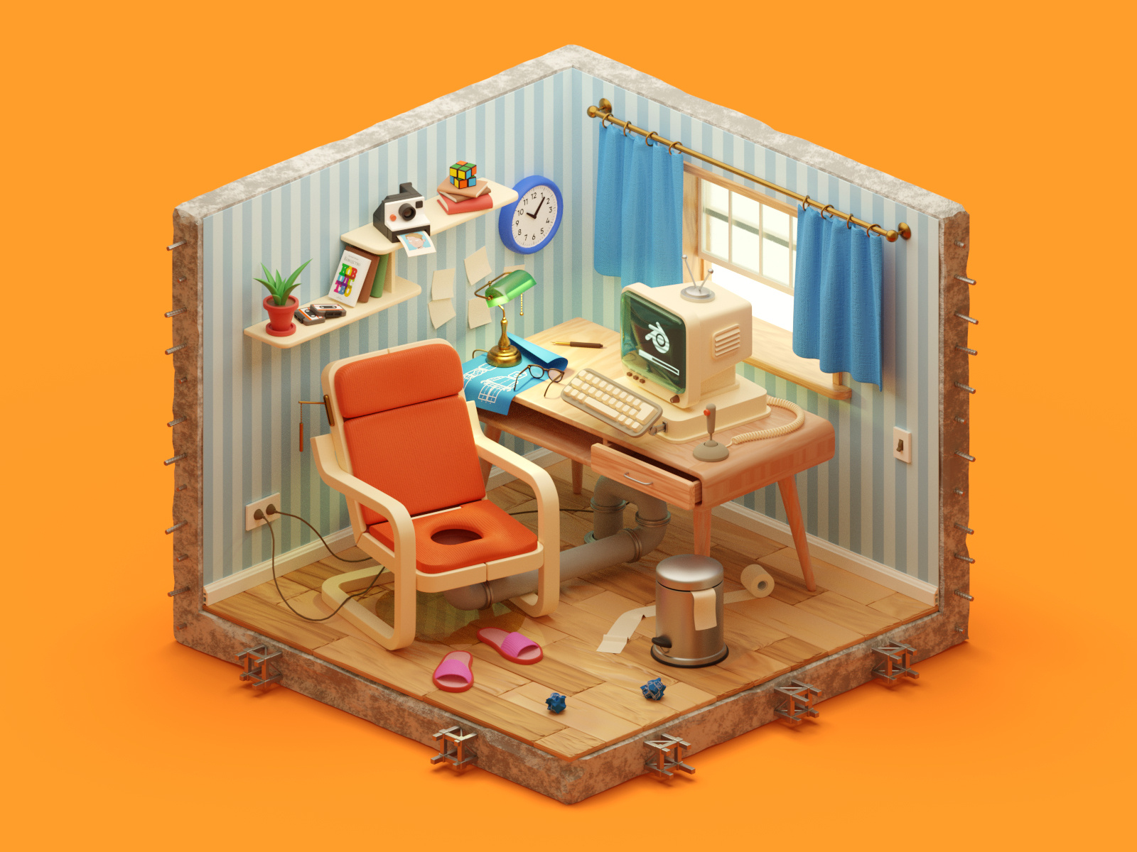 The perfect designer's workspace 3d blender chair challenge design designer house illustration interior isometric isometry madrabbit model modeling pc render retro room soft table