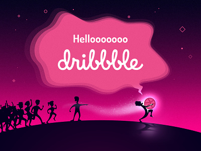 Hello Dribbble! action artwork dark debut design dribbble dribbble ball first shot flat hello illustration invitation lucky pink vector