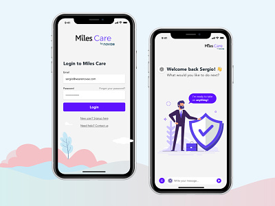 MIles Care chatbot design illustration insurance insurtech login mobile ui ux