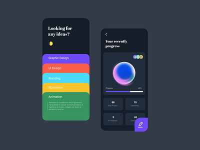 Inspiration discovery app after effects animation app challenge circle colorful colors creative daily 100 challenge daily ui darkmode design mobile app ui