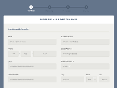 FP Transitions registration form input progress select