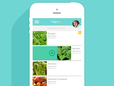 Harv.st ingredient selection app circular headshot clean flat iphone long shadow mailbox mint mobile ui thin type ui