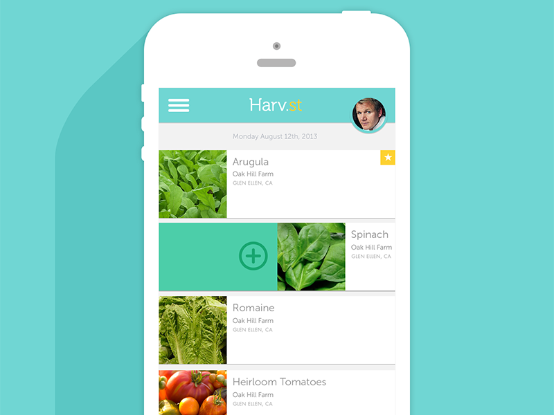 Harv.st ingredient selection mint flat long shadow thin type mailbox circular headshot mobile ui app ui iphone clean