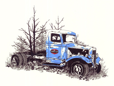 Minard & Sons Lumber colored pencil illustration nature pen and ink truck