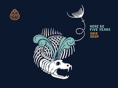 Here Be Five Years anniversary beer branding brewery fish illustration lettering monster ocean skeleton water