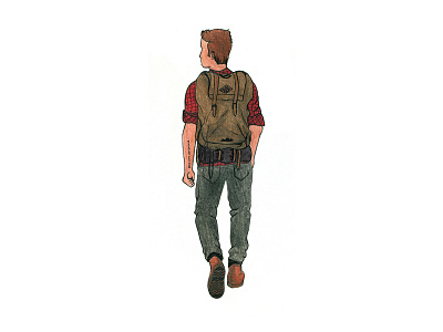 On The Road backpack beer colored pencil flannel hiker illustration