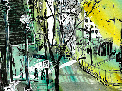 union st, seattle location drawing street scene watercolor