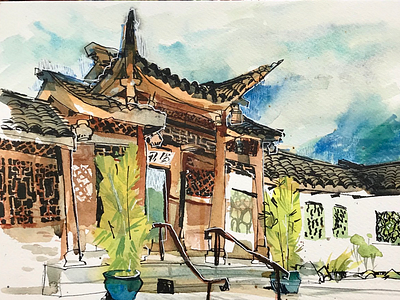 Chinese garden architecture illustration seattle urban sketching watercolor