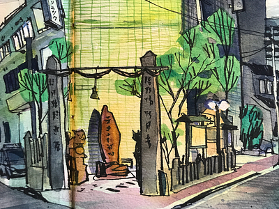 Shrine drawing hiroshima japan sketchbook urban sketching watercolor