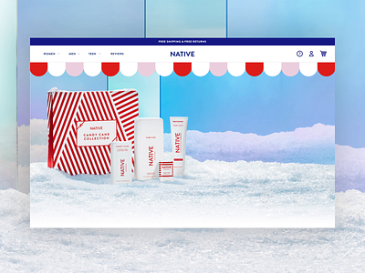 Native Holiday Landing Page animation branding candy candy cane christmas color blocking deodorant design ecommerce green holiday homepage landing page motion native pastel red snow wrapping paper