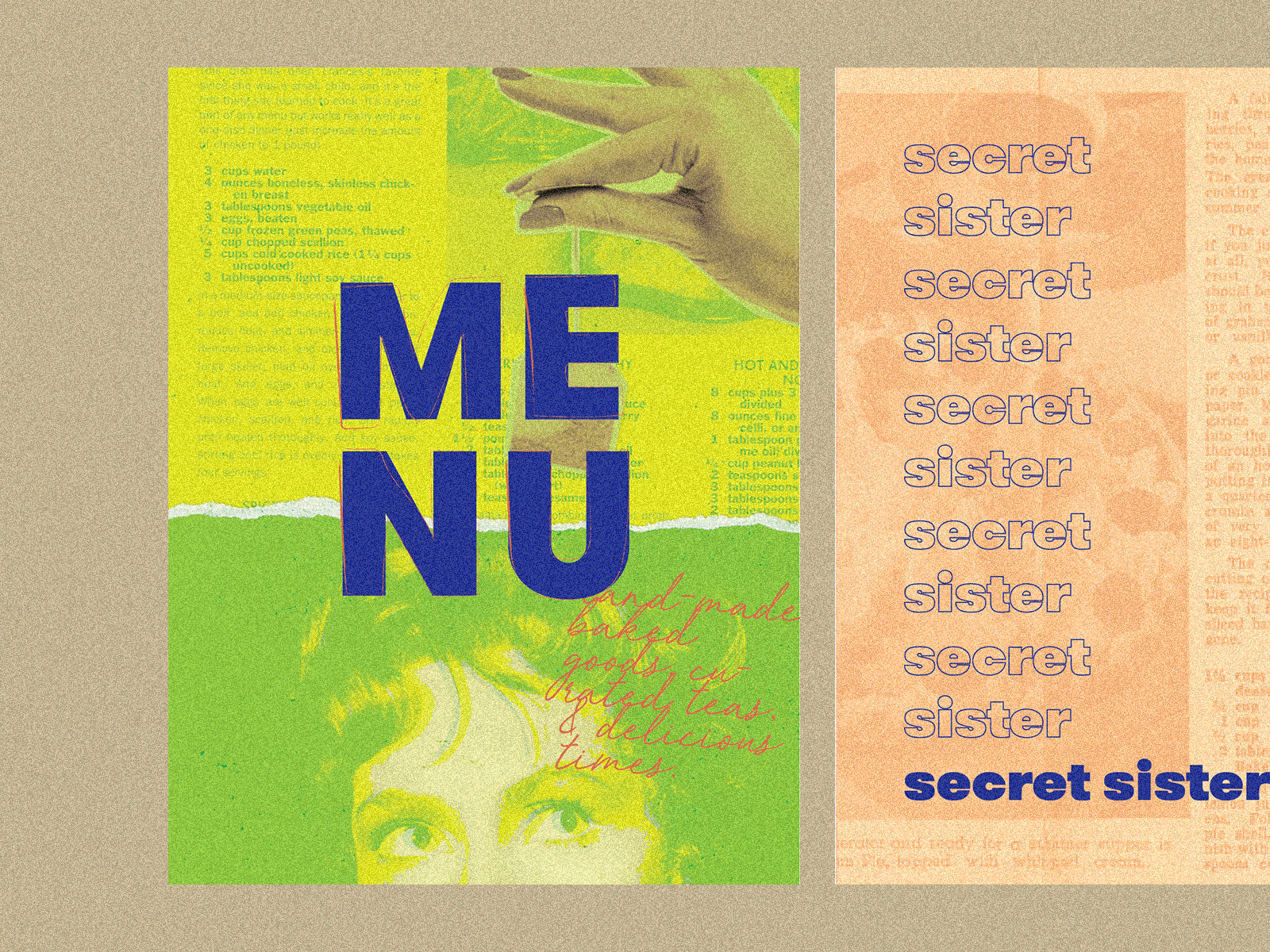 Secret Sister Menu animation branding collage design feminist green grungy halftone illustration menu peach print tea typography zine
