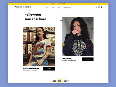 Wicked Clothes animation apparel branding design ecommerce edgy fashion grungy homepage hover state scribble uxui wicked women yellow