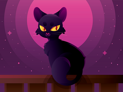 Magenta Moonlight black cat cartoon cat cute illustration magenta moon night night sky vector