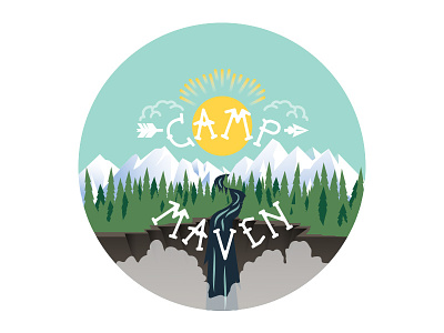 Maven Merits: Camp Maven illustration mountains river sun trees typography wilderness