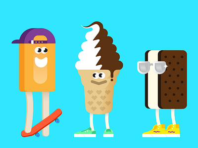 A few chill dudes bold colors flat gradients ice cream illustration popsicles skateboards snapbacks sneakers sun glasses vector illustration