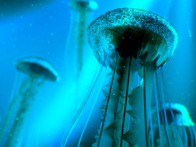 Jellyfishy 3d blue fish floating jellyfish maya ocean sea under undersea wahoo water