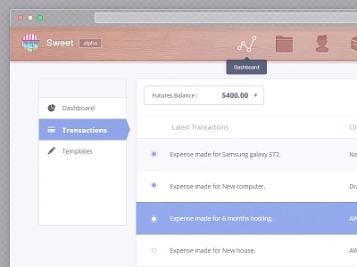 Transactions View accounting app backbone dashboard javascript mongodb nodejs react reactjs rows spa sweet transactions ui ux web wood