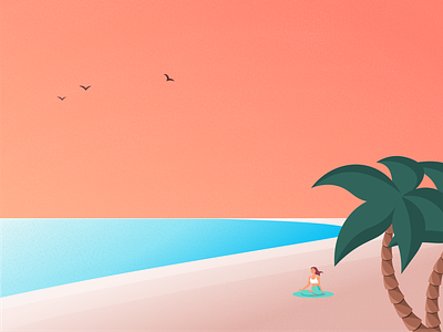 Summer art beach birds calm colour design flat girl illustration illustrator meditation ocean palm trees sea sky summer sun sunrise sunset vector
