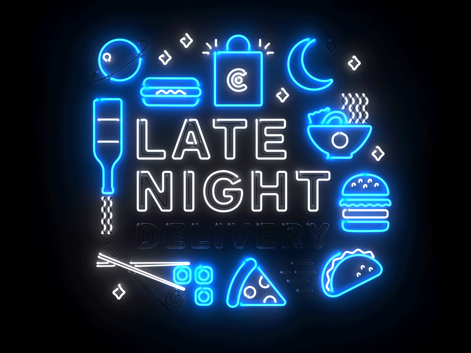 Late Night Delivery animation caviar delivery delivery app design food illustration late latenight neon neon sign takeout typography