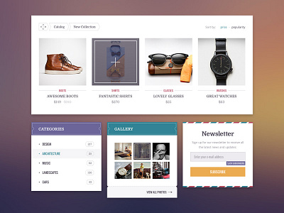 Catalog & Sidebar Cards breadcrumbs button catalog gallery interface kit menu newsletter retro shop typography ui