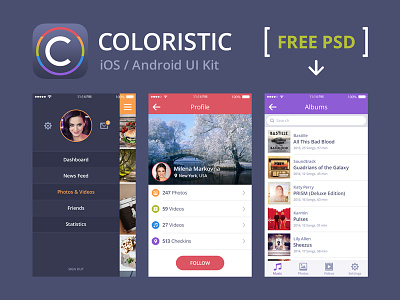 Coloristic: Free PSD Sample android free freebie interface ios menu mobile music profile psd ui ui kit