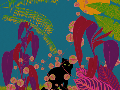 Black Cat In The Outside World cats garden illustration jungle tropical
