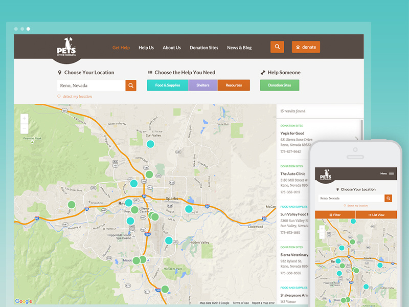 Pets Of The Homeless Map map filters interactive map location detection responsive nonprofit website pets of the homeless nonprofit pets map