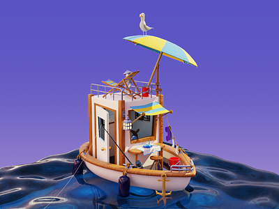 Like a Gull Takes to the Wind 3d blender boat illustration seagull water