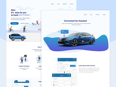 Connected Cars app illustration landing page layout ux vector