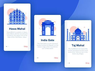 Onboarding - India Tour App animation app blue color design hawa mahal icon icons illustration india india gate interface onboarding taj tajmahal tour ui