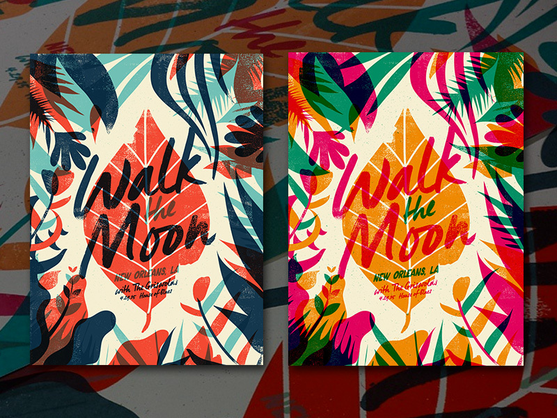 Walk the Moon New Orleans gig poster illustration color overprint nature leaves catharsis flora print poster