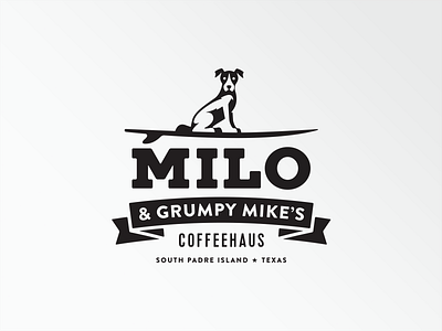 Milo & Grumpy Mike's Coffeehaus branding coffee dogs logo surfing texas